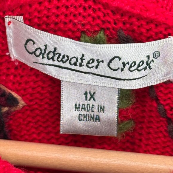 Coldwater Creek size 1X Red Embroidered Bird Cardigan Sweater zip Cotton - Picture 2 of 9